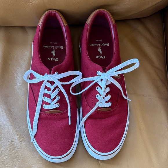 Men’s Polo Ralph Lauren Thorton Sz 11 D Burgundy Herringbone Brown Leather - Picture 2 of 11